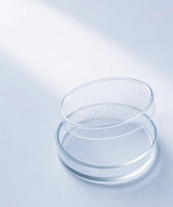 A culture dish affected by condensation, mineral particles and environmental shadow